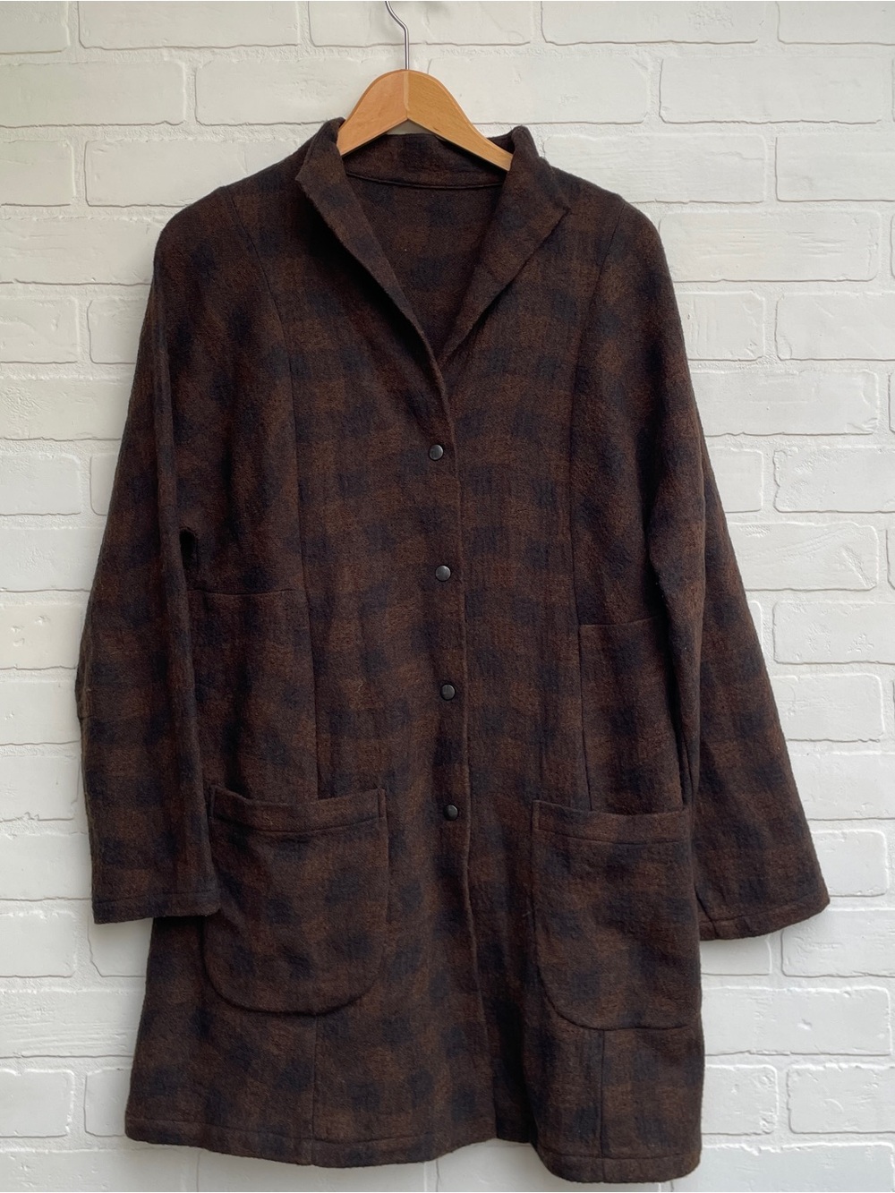 Babette wool Plaid Button Front Long Jacket - Brown & Black